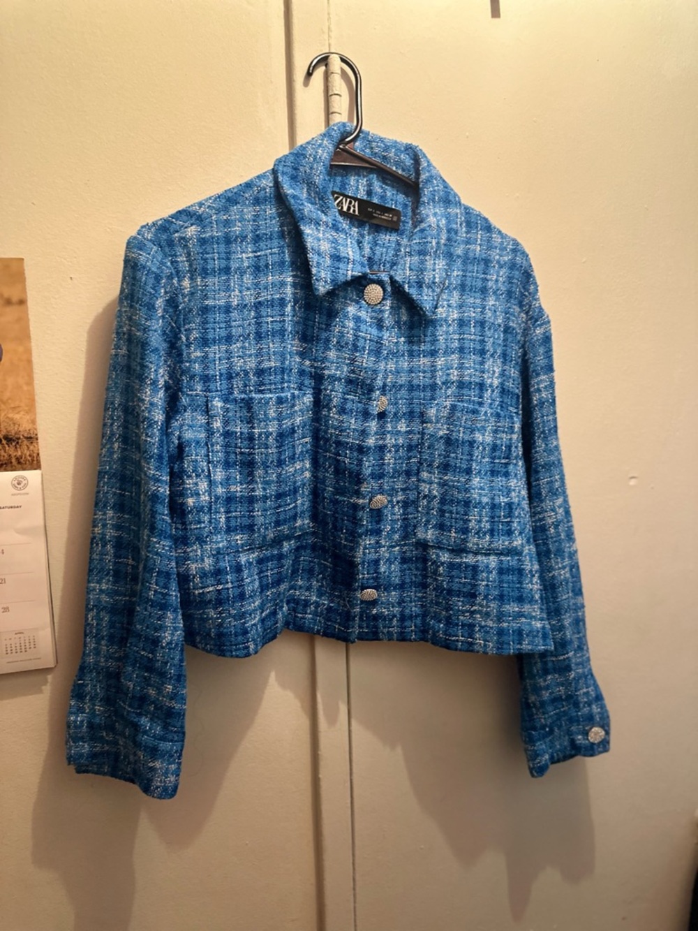 ZARA Blue Tweed Cropped Jacket Silver Buttons Structured Chic Size larger
